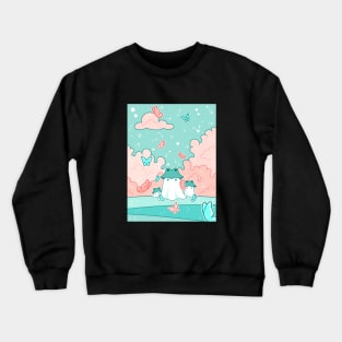 Three ghosts in frog hats in a butterfly field Crewneck Sweatshirt